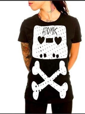 Abbey Dawn Y2K Black Mix Tape “ATOMIC” Punk Skate Cotton T-Shirt Size Large